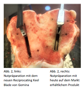 Links de reciprocating keel blade en rechts de conventionele blade